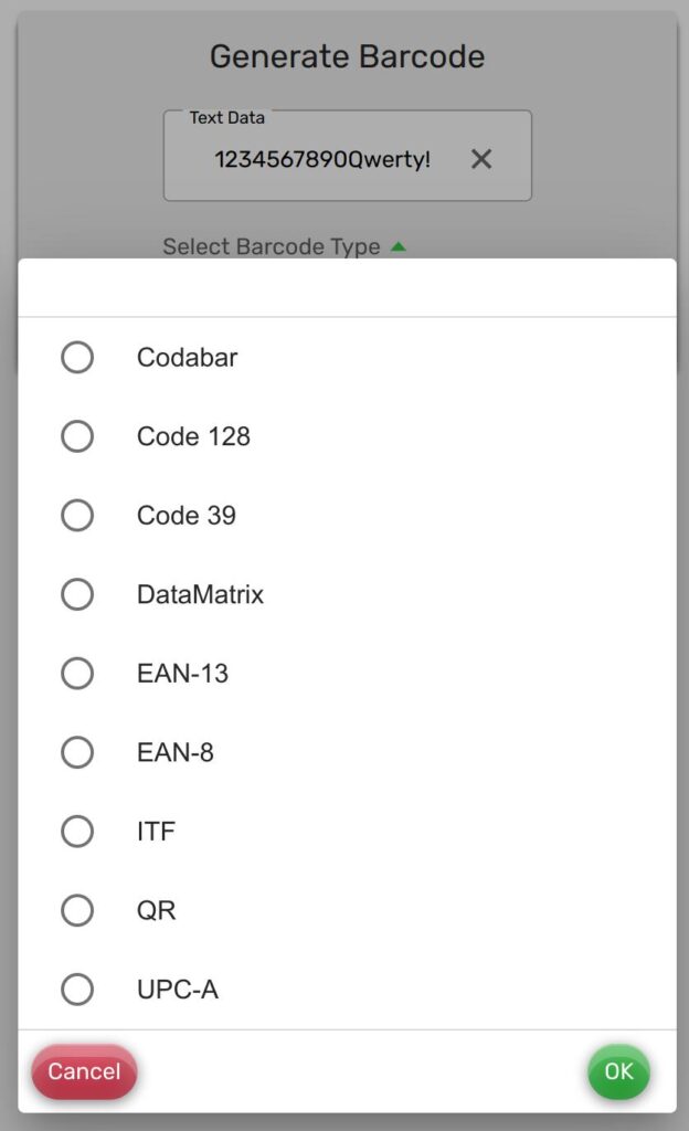 Barcode Generating App Menu